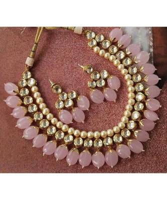Gold Tone Kundan And Rose Quartz Necklace Set 1