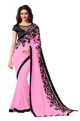 Pink embroidered georgette saree with blouse 1