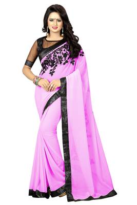 Pink embroidered georgette saree with blouse 2