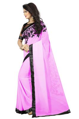 Pink embroidered georgette saree with blouse 3