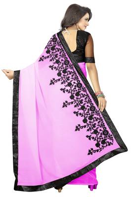 Pink embroidered georgette saree with blouse 4