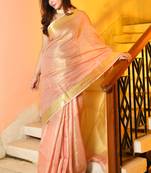 Light Peach Tissue Linen Saree With Zari Border & Pallu