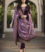Wine Embroidered Georgette Indian Pakistani Salwar Semi Stitched
