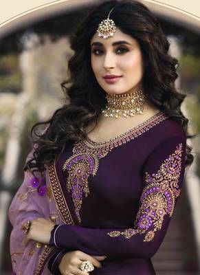 Wine Embroidered Georgette Indian Pakistani Salwar Semi Stitched 2