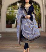Blue Embroidered Satin Semi Stitched Salwar With Dupatta