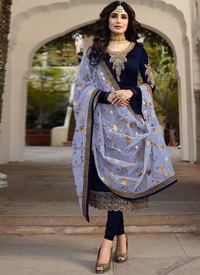 Blue Embroidered Satin Semi Stitched Salwar With Dupatta 3