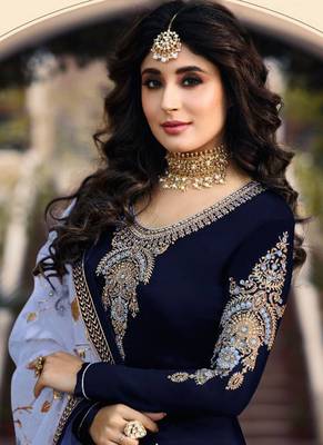 Blue Embroidered Satin Semi Stitched Salwar With Dupatta 4