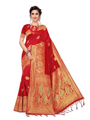Red Woven Banarasi Sarees With Unstitched Blouse 1