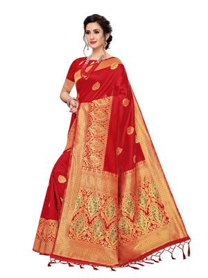 Red Woven Banarasi Sarees With Unstitched Blouse 2