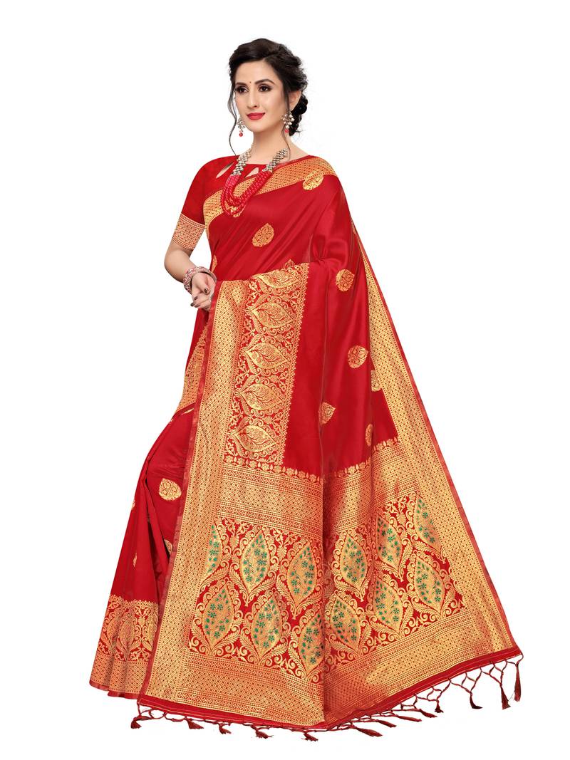 Red Woven Banarasi Sarees With Unstitched Blouse