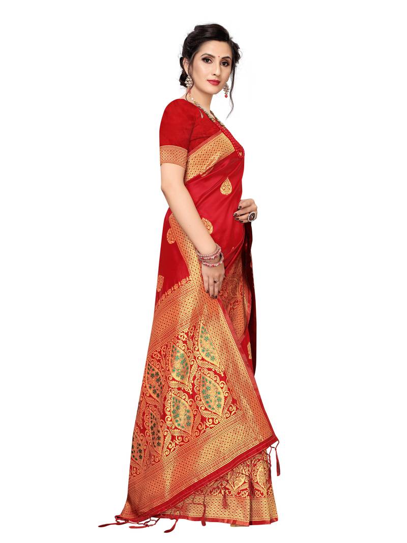 Red Woven Banarasi Sarees With Unstitched Blouse