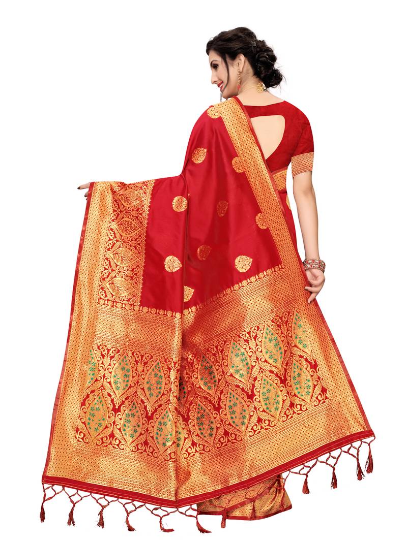 Red Woven Banarasi Sarees With Unstitched Blouse
