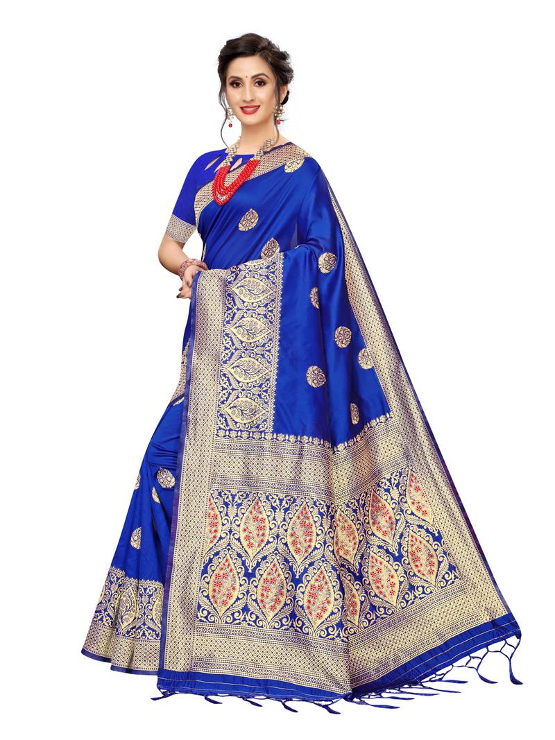 Blue Woven Banarasi Sarees With Unstitched Blouse