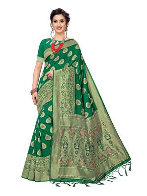 Green Woven Banarasi Sarees With Unstitched Blouse 1