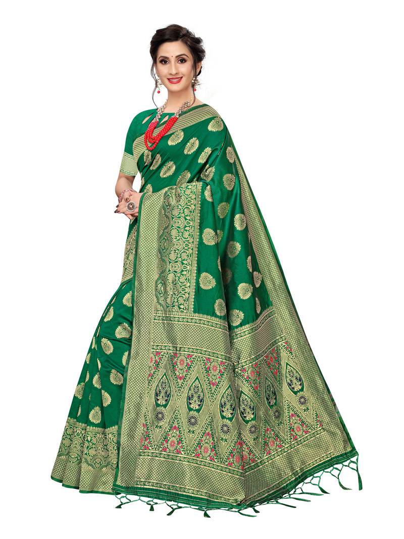 Green Woven Banarasi Sarees With Unstitched Blouse
