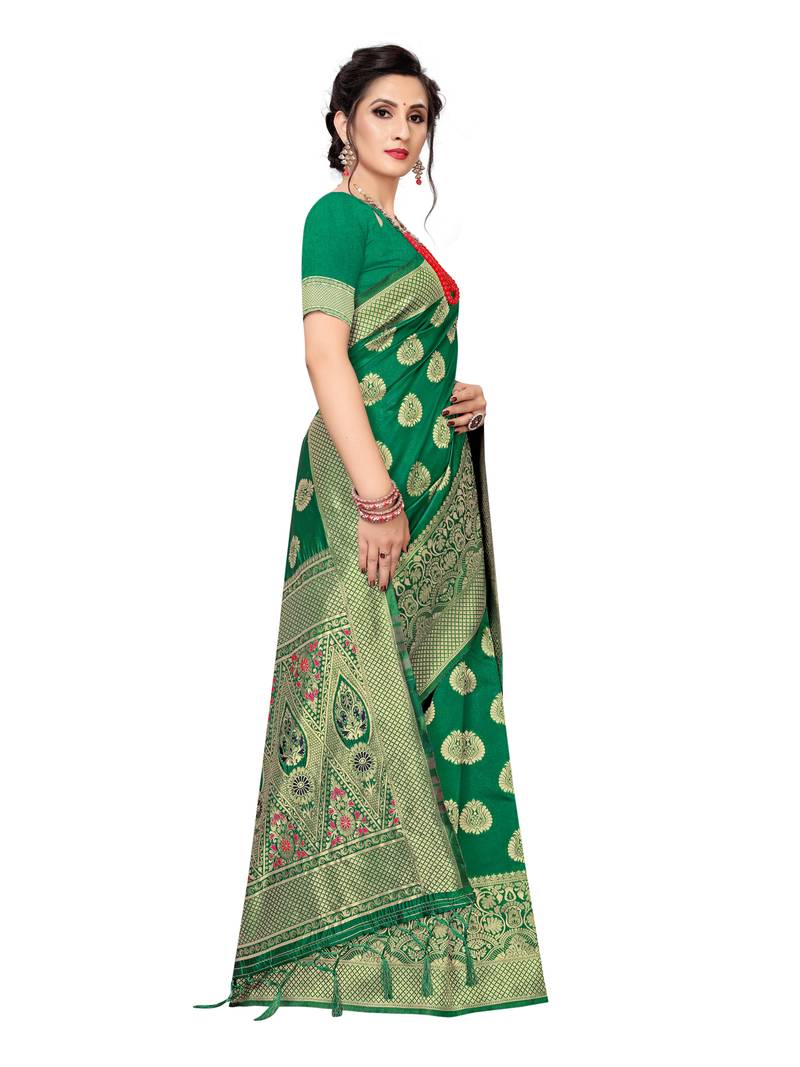 Green Woven Banarasi Sarees With Unstitched Blouse