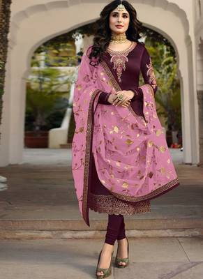 Purple Embroidered Satin Semi Stitched Salwar With Dupatta 1