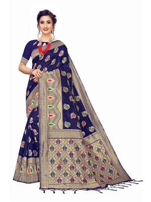 Navy Blue Woven Banarasi Sarees With Unstitched Blouse 1