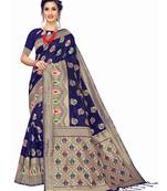 Navy Blue Woven Banarasi Sarees With Unstitched Blouse