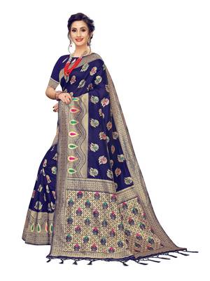 Navy Blue Woven Banarasi Sarees With Unstitched Blouse 2