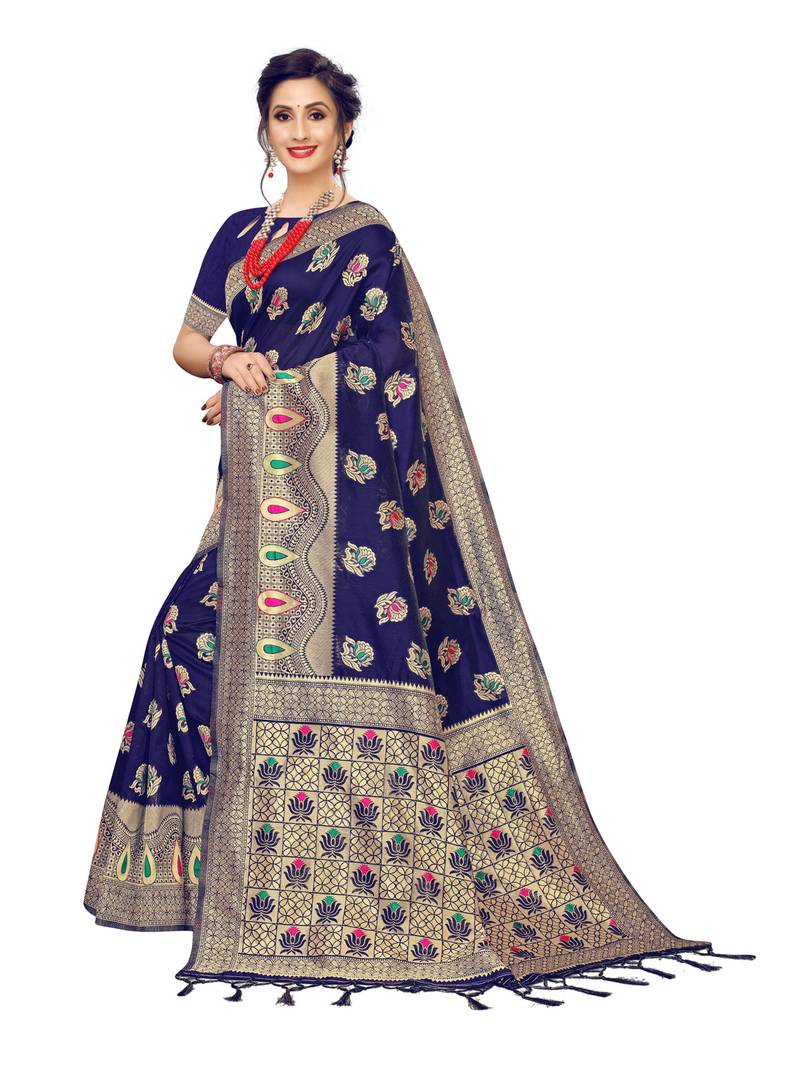 Navy Blue Woven Banarasi Sarees With Unstitched Blouse