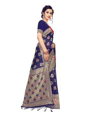 Navy Blue Woven Banarasi Sarees With Unstitched Blouse 3