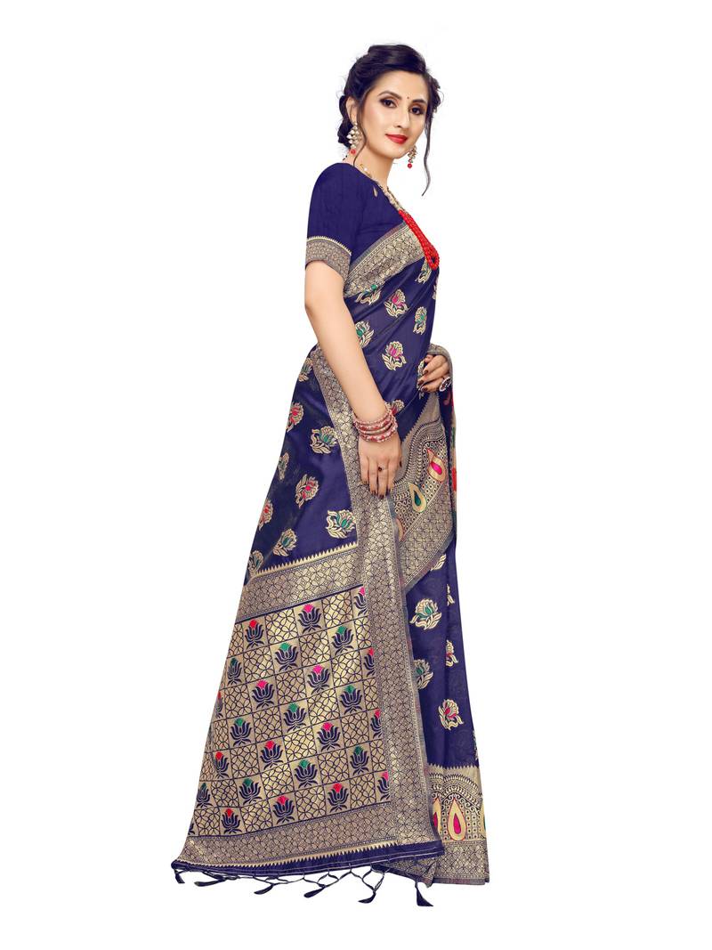 Navy Blue Woven Banarasi Sarees With Unstitched Blouse