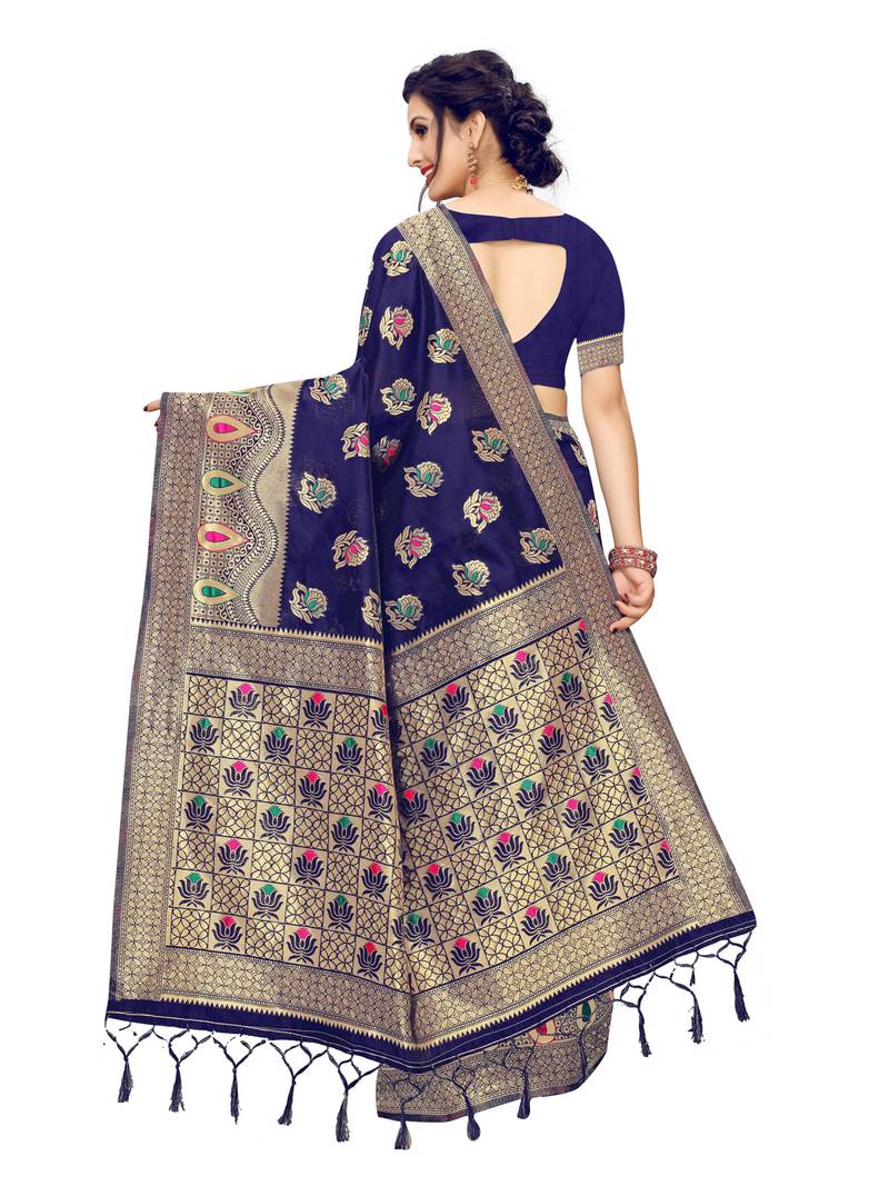Navy Blue Woven Banarasi Sarees With Unstitched Blouse