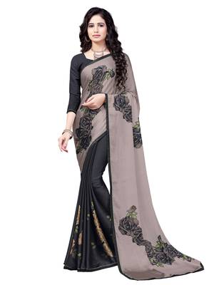 Black Printed Chiffon Sarees With Unstitched Blouse 1