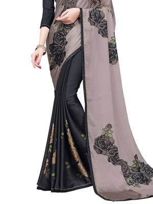 Black Printed Chiffon Sarees With Unstitched Blouse 3