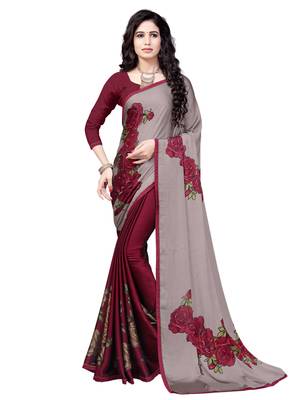 Maroon Printed Chiffon Sarees With Unstitched Blouse 1