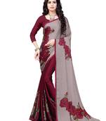 Maroon Printed Chiffon Sarees With Unstitched Blouse