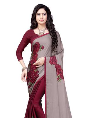 Maroon Printed Chiffon Sarees With Unstitched Blouse 2