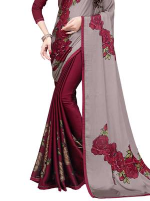Maroon Printed Chiffon Sarees With Unstitched Blouse 3