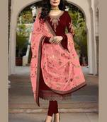 Maroon Embroidered Satin Salwar Semi Stitched