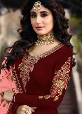 Maroon Embroidered Satin Salwar Semi Stitched 3