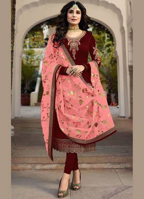 Maroon Embroidered Satin Salwar Semi Stitched 5