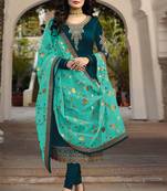Dark Turquoise Embroidered Satin Salwar Semi Stitched