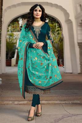 Dark Turquoise Embroidered Satin Salwar Semi Stitched 3