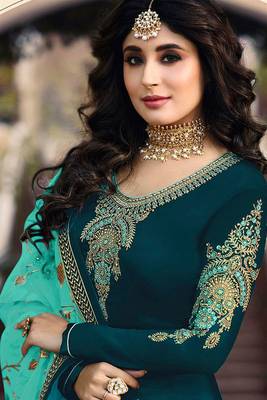Dark Turquoise Embroidered Satin Salwar Semi Stitched 4