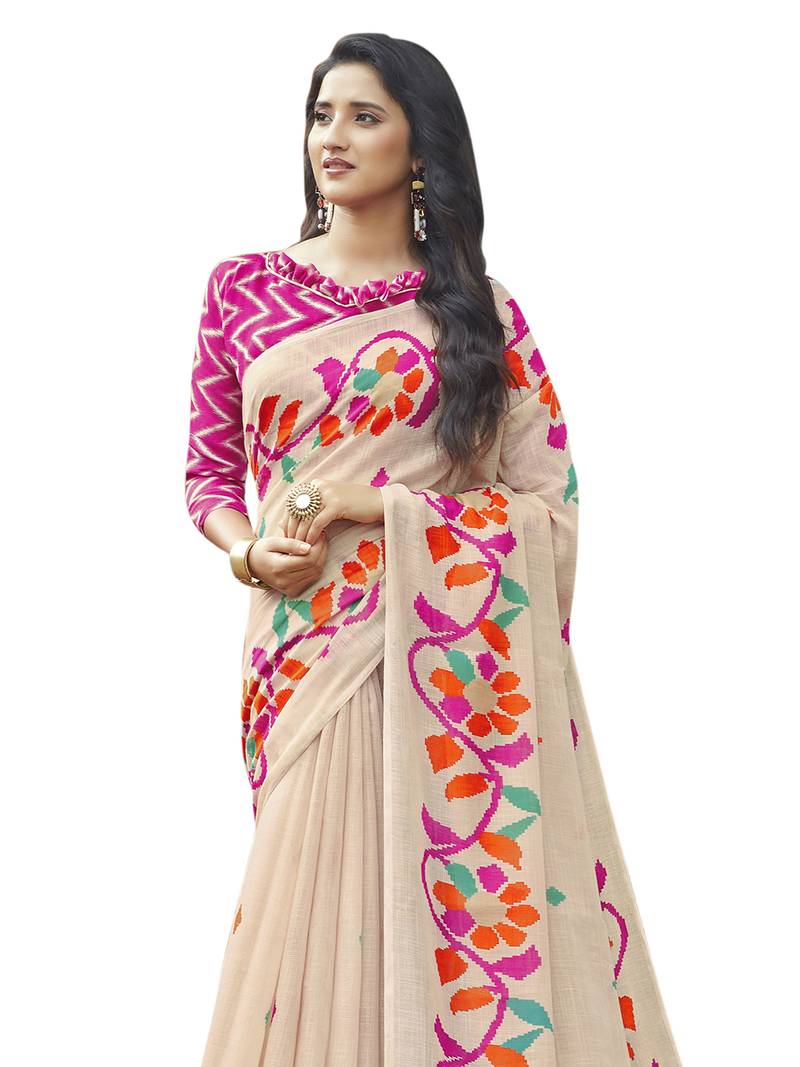 Beige Printed Cotton Saree main image 1
