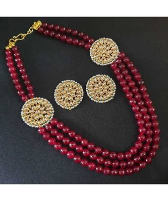 Gold Tone Kundan With Red Onyx Multilayered Necklace Set 1