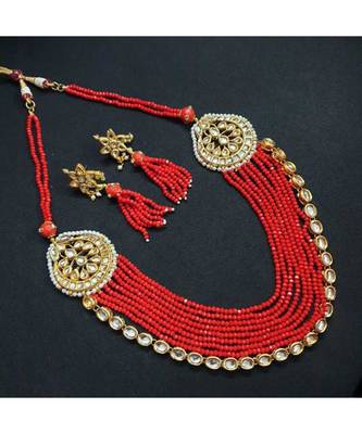 Gold Tone Kundan And Red Beaded Necklace Set 1