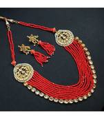 Gold Tone Kundan And Red Beaded Necklace Set