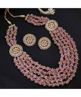 Pink Gold Tone Kundan And Stones Beaded Necklace Set 1