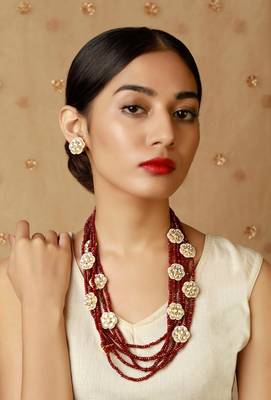 Kundan And Red Onyx Multistrand Necklace With Earrings 1