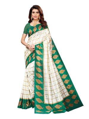 White Printed Silk Blend Sarees With Unstitched Blouse 1