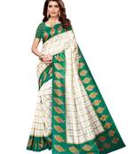 White Printed Silk Blend Sarees With Unstitched Blouse
