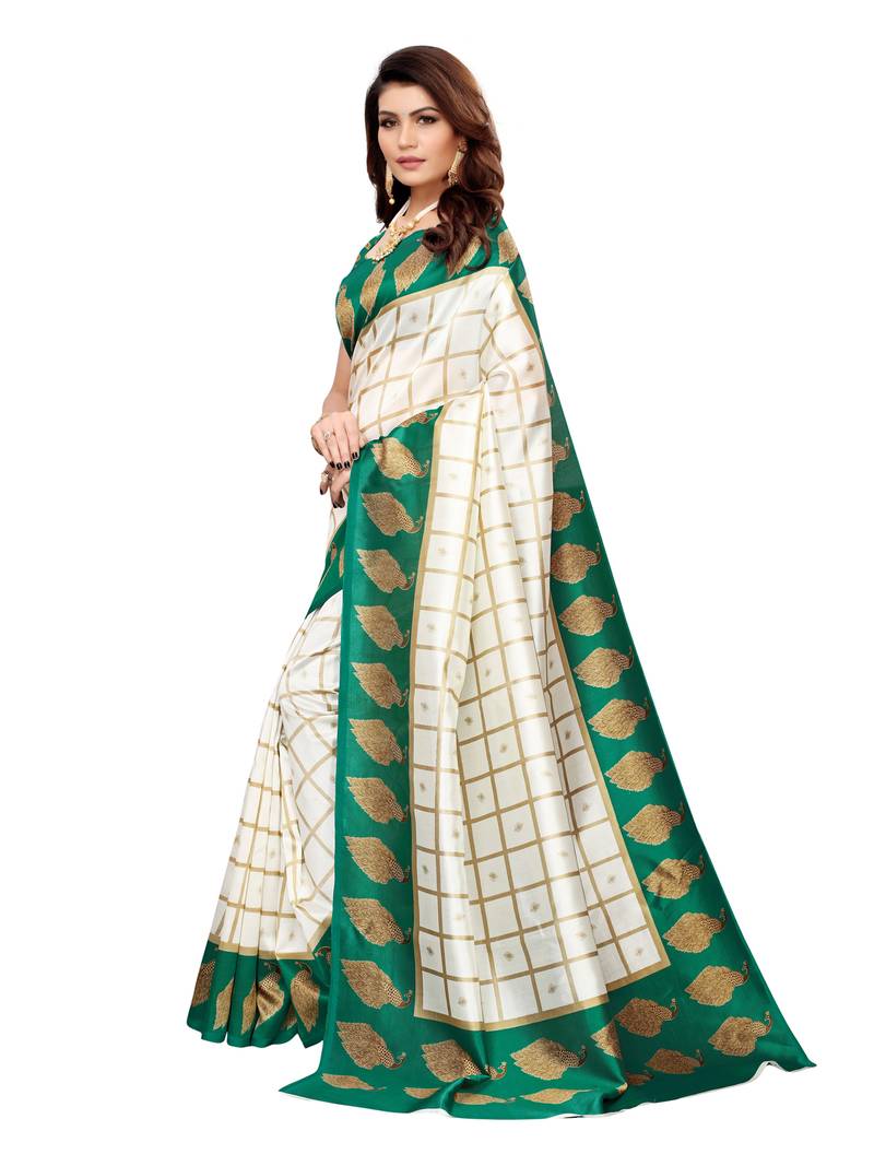White Printed Silk Blend Sarees With Unstitched Blouse