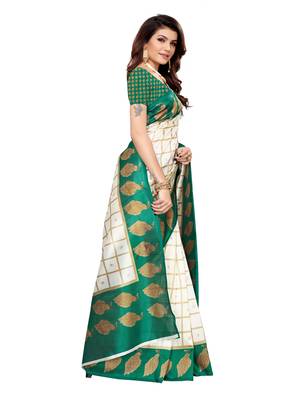 White Printed Silk Blend Sarees With Unstitched Blouse 3
